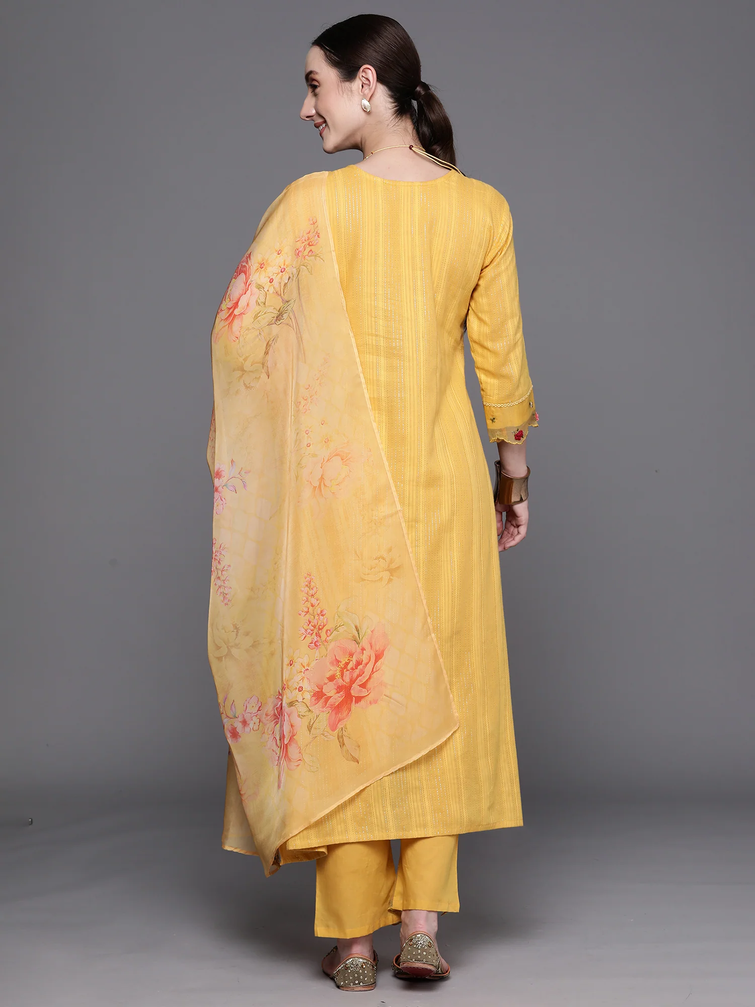 Indo Era Yellow Yoke Design Thread Work Pure Cotton Kurta With Trousers & Dupatta - Image 3
