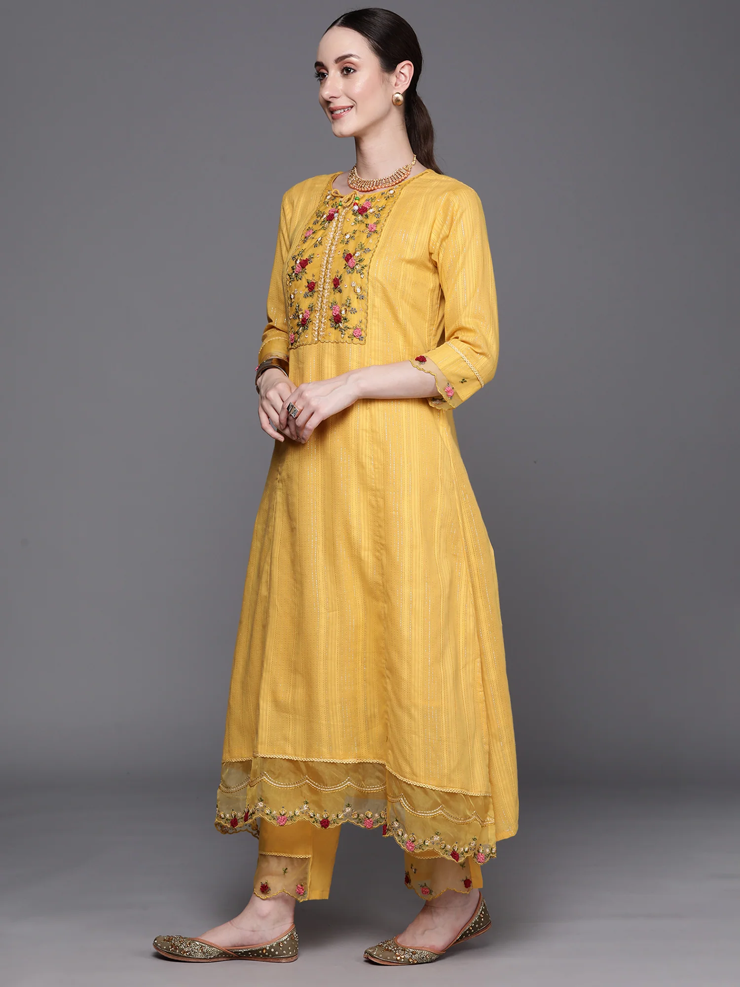 Indo Era Yellow Yoke Design Thread Work Pure Cotton Kurta With Trousers & Dupatta - Image 4