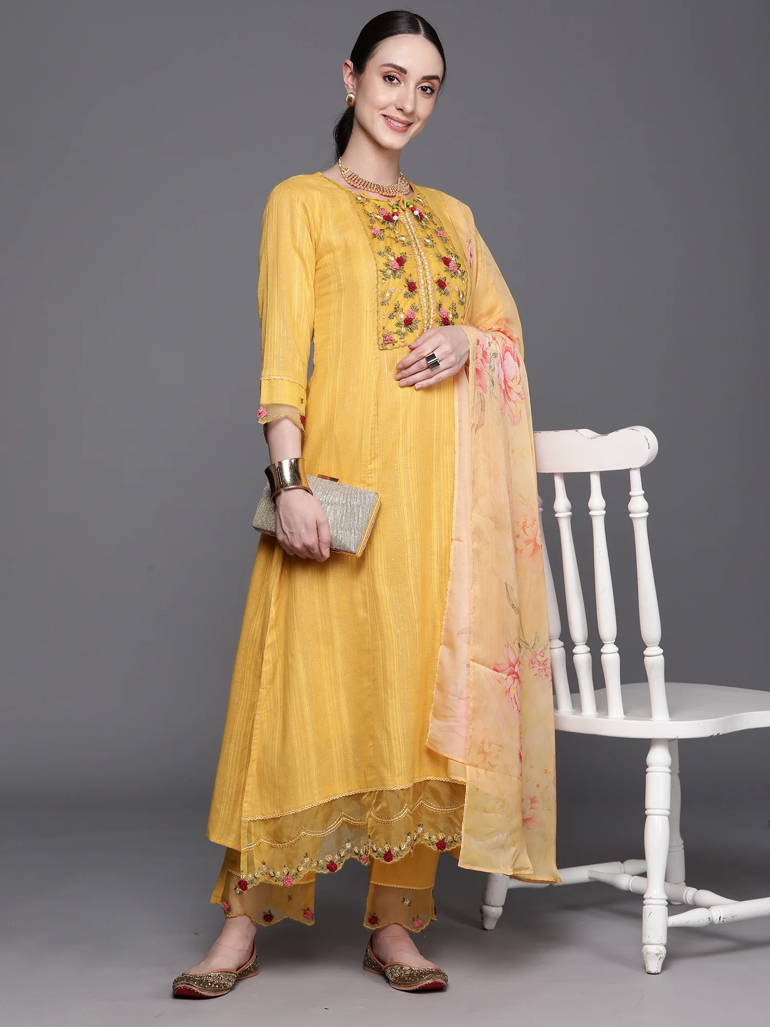 Indo Era Yellow Yoke Design Thread Work Pure Cotton Kurta With Trousers & Dupatta - Image 5