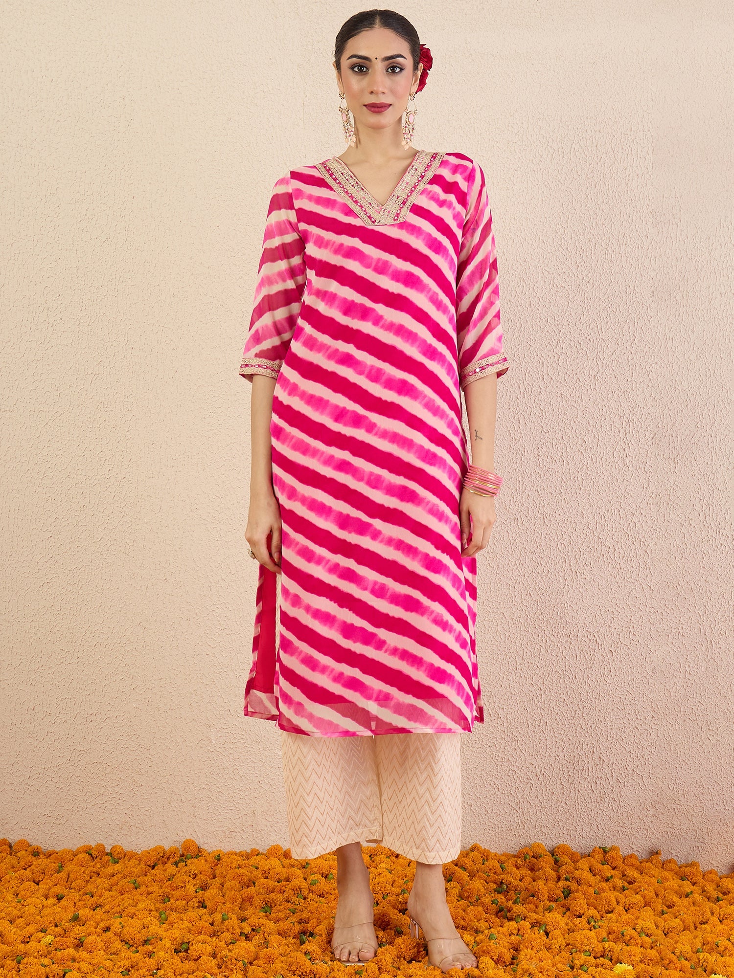 Pink Printed Straight Chiffon Kurta - Image 3