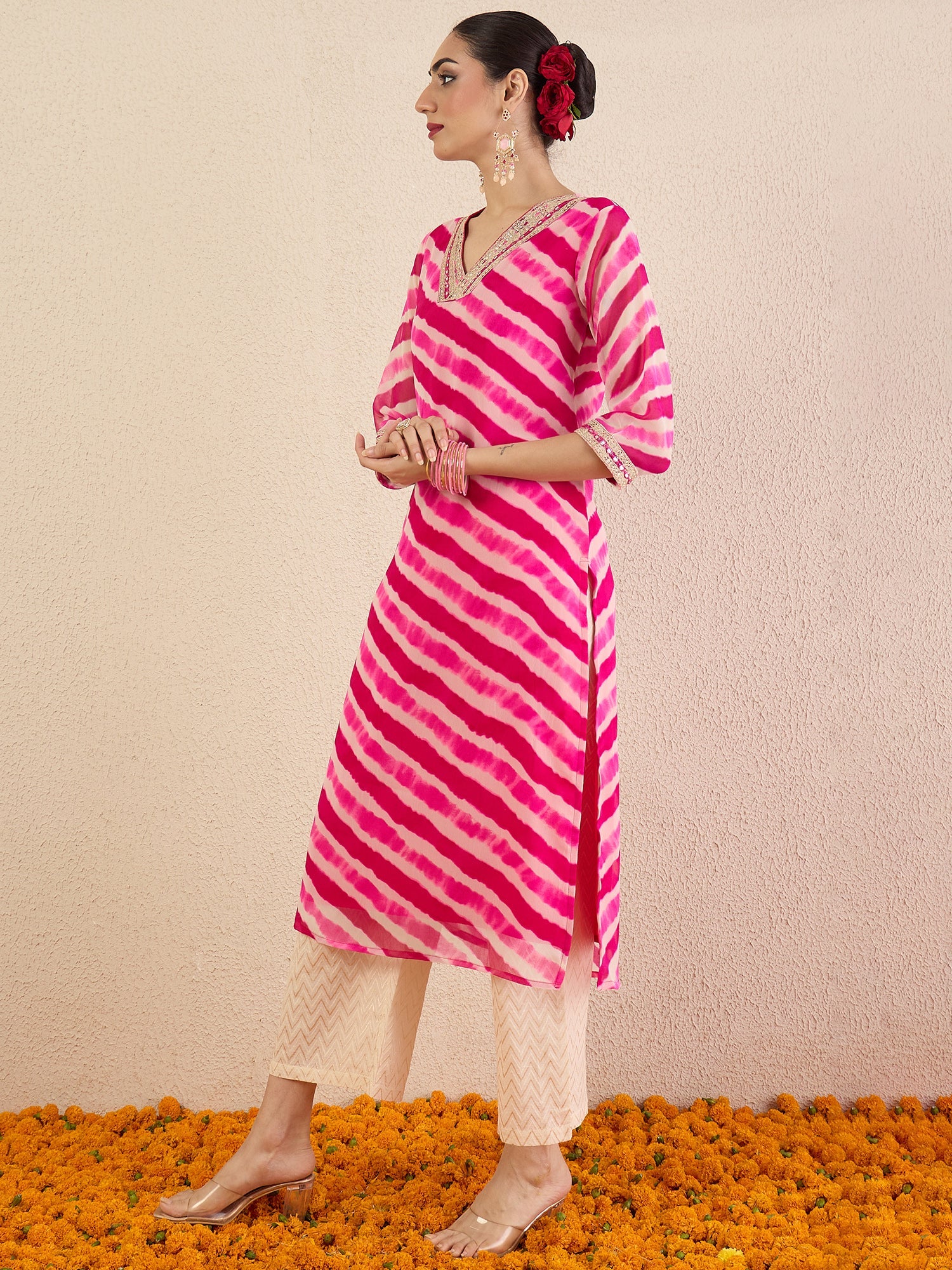 Pink Printed Straight Chiffon Kurta - Image 4