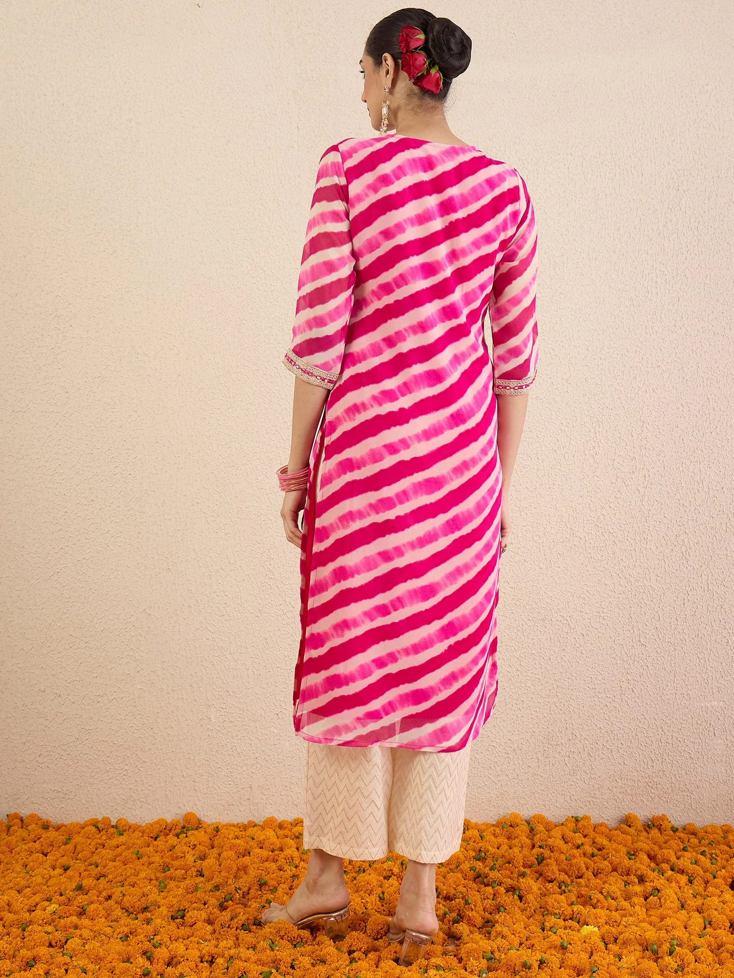 Pink Printed Straight Chiffon Kurta - Image 5